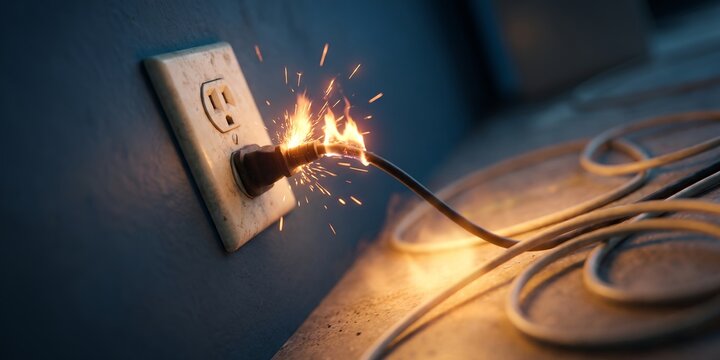 Damaged electrical wall socket with short circuit showcasing glowing sparks, burning wire cable and dangerous fire flame, representing electrical failure risk and household hazard prevention