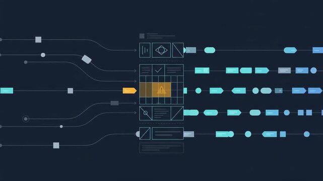 AI governance policy enforcement animation with compliant packets passing through a rule layer while a restricted packet is blocked in a clean enterprise flow.