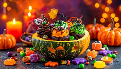 Fototapeta premium Pumpkin container cupcakes candies festive Halloween treats