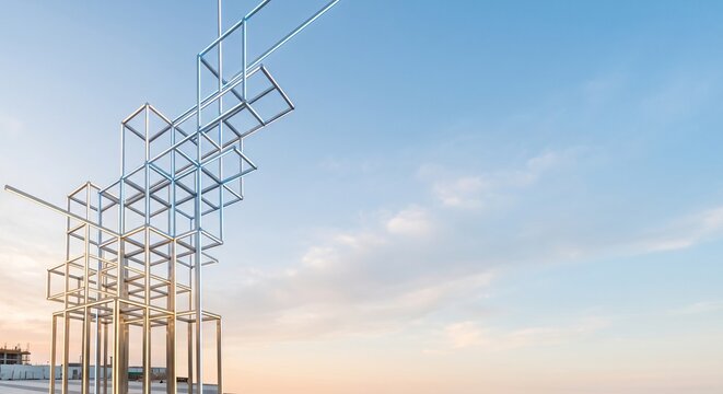 Futuristic Metal Grid Structure Symbolizing Maritime Digital Twin and Engineering Innovation Under Clear Sky