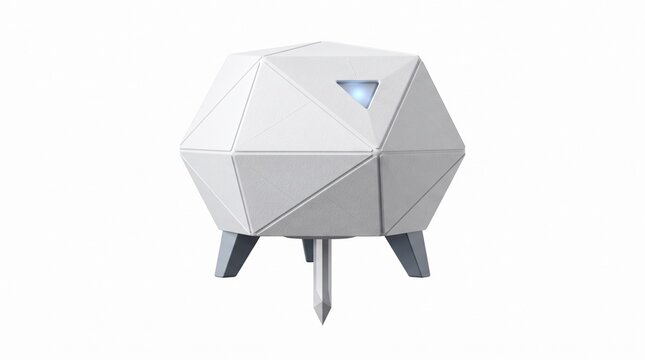 Futuristic white geometric robot drone, autonomous sci-fi landing pod with tripod legs, sleek polyhedral robotic device for space exploration isolated PNG with Transparent Background