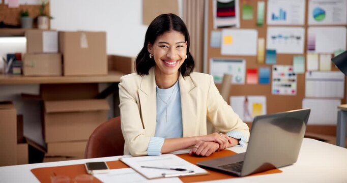 Face, woman and happy in ecommerce with laptop, supply chain management and submit sales data report. Retail seller, person and smile in small business with computer, logistics stats and research.