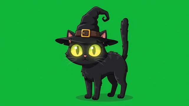 Cute Black Cat with Witch Hat Green Screen #00FF00 4K