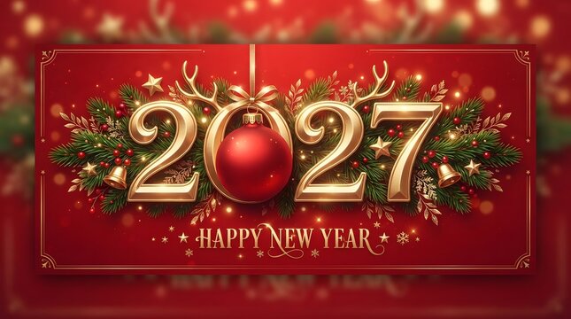 Golden 2027 new year celebration with red ornament and festive evergreen branches