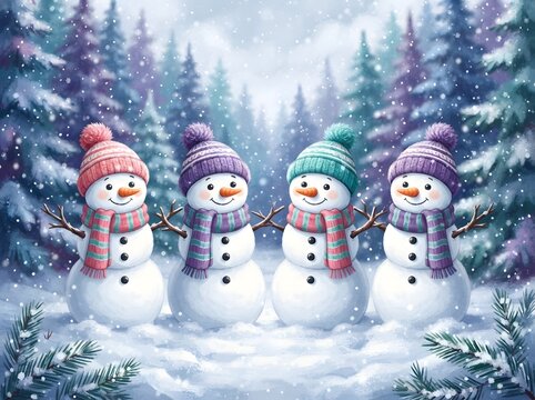 Four snowmen wearing colorful winter hats stand in a snowy forest landscape illustration