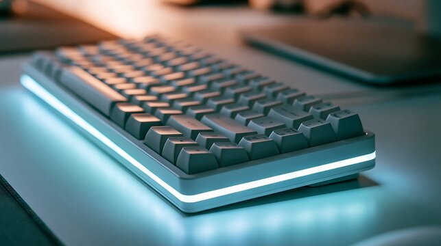 Modern white mechanical keyboard with glowing RGB side lighting isolated on transparent background. Ideal for gaming setup and computer hardware technology concepts.