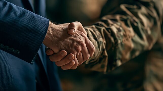 Business person and soldier shaking hands isolated on transparent background. Concept of defense contracting and public-private sector cooperation for strategic security.