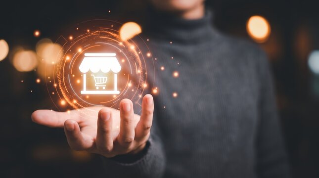 Digital store icon above a hand showcasing online shopping technology, virtual storefront and retail interface, symbolizing e-commerce growth and digital marketplace strategy