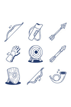 Archery and warrior gear icon set containing recurve bows, leather quiver, sharp arrows, bracer guard, target board, wooden shield, and war horn instrument.