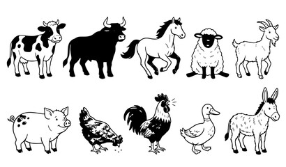 Fototapeta premium Farm Animal Collection Cow Horse Sheep Goat Chicken Vector
