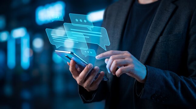 Person holding smartphone showcasing glowing chat bubbles, instant messaging overlay and digital communication, representing online customer support and global connectivity