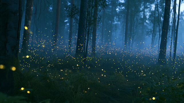 Peaceful forest at blue hour filled with hundreds of glowing fireflies floating gently