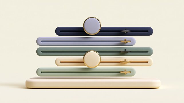 Minimal abstract 3D infographic slider bars in muted morandi tones with golden circular knobs on plain light beige background for business data