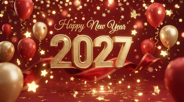 Happy New Year 2027 celebration with gold balloons and confetti on a red background