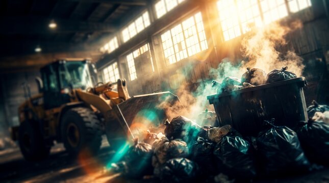 Industrial waste facility interior showcasing heavy machinery loader, accumulated trash bags and steaming dumpster, illustrating waste management efficiency and environmental pollution control