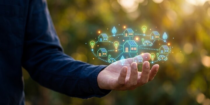 Hand holding glowing eco smart home network icons showcasing solar powered houses, electric vehicles and clean energy symbols, representing sustainable living and smart grid technology