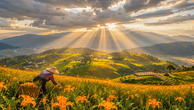 The a worker harvests flowers in a golden field beneath a dramatic sunset, illuminated by powerful sunbeams over lush, rolling hills.
