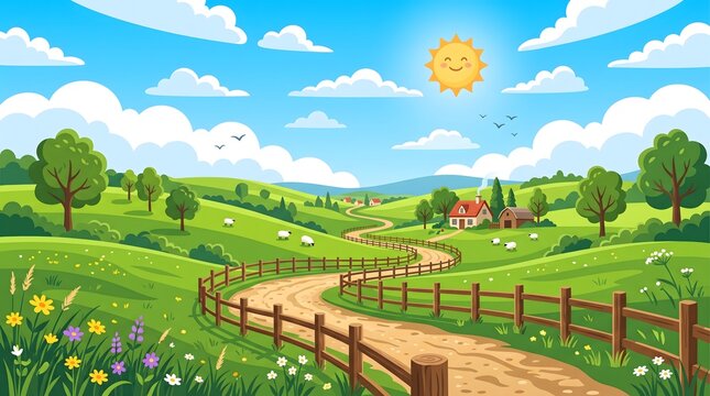 Winding dirt path through green hills with a farmhouse under a sunny blue sky
