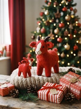 Knitted goats and christmas gifts near decorated tree festive holiday scene