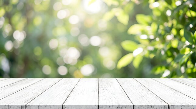 Empty white wooden table surface in a sunny garden with blurred green foliage background