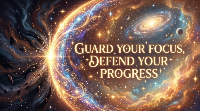 Cosmic vortex with glowing text 'Guard Your Focus, Defend Your Progress' against a starry galaxy bac