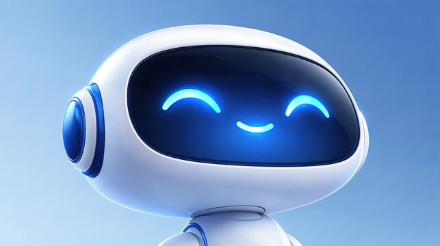 Cute friendly smiling chat robot with glowing blue face on light blue background represents artificial intelligence and customer service AI concepts.