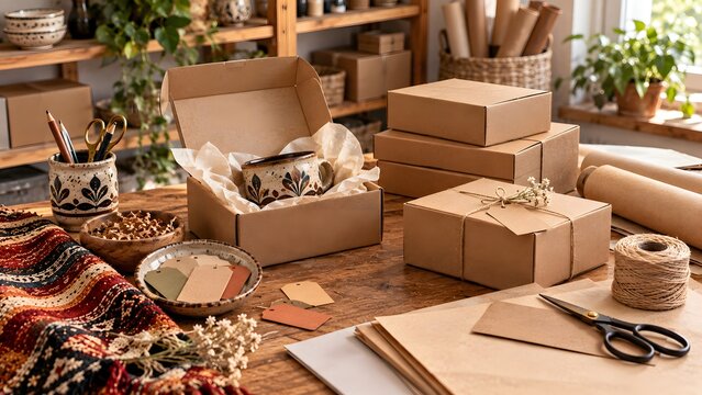 Cardboard boxes for packaging on a table