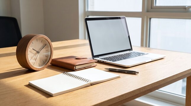 Desk with laptop, notebook, clock and pen. Modern office workspace.