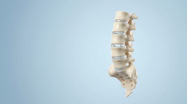 Anatomical 3D Render of Human Lumbar Spine and Sacrum Showing Vertebrae and Intervertebral Discs Isolated on Light Blue Background for Medical