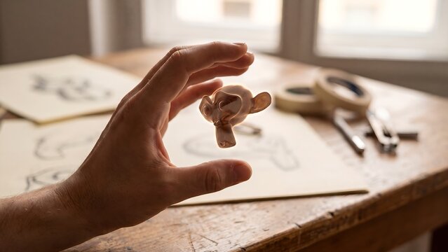 Product design prototyping process, designer holding handcrafted clay animal figurine in studio workshop with sketches and tools, creative development, artisan craft, toy manufacturing