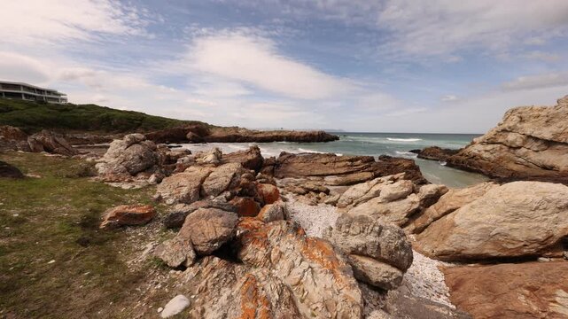 ultra wide angle view of Kammabaai Beach, Hermanus, South Africa