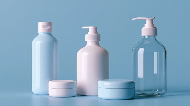 Empty skincare product packaging collection featuring flip-top bottles, pump dispensers, glass bottles, and cream jars on blue background. Clean cosmetic mockup display for beauty product prototyping
