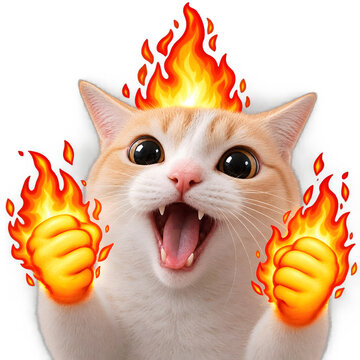 Cute tabby cat with flaming fire paws and burning head icon isolated on transparent background perfect for social media stickers gaming avatars and print design.