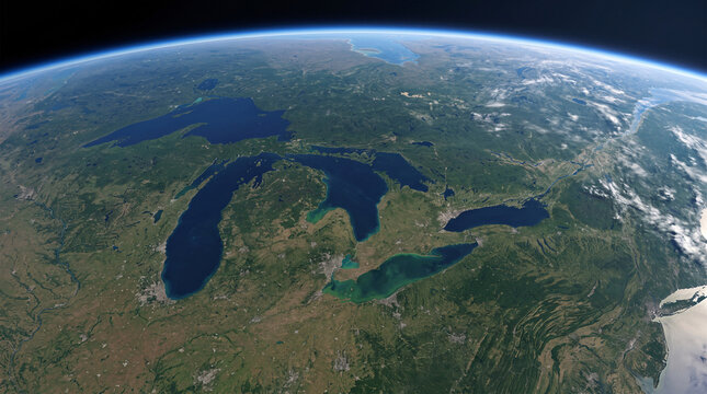 Foto orbit satelit yang jernih di siang hari memperlihatkan kontur kawasan Danau-Danau Besar dan wilayah daratan Amerika Utara.