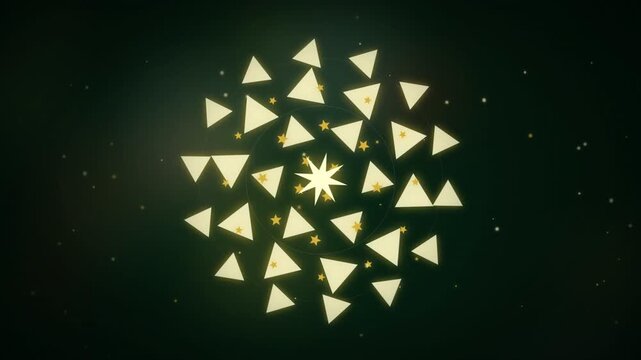 Glowing cream colored triangles and small stars arranged in a circular mandala pattern on black
