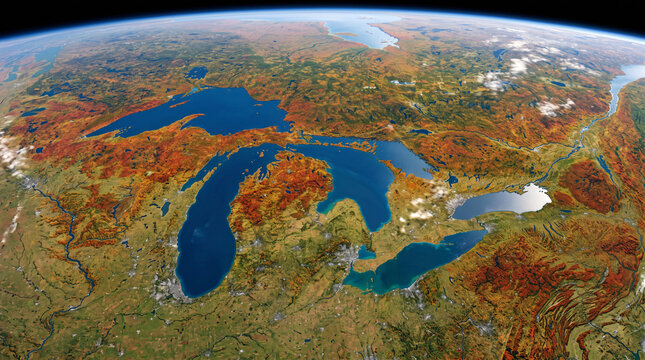 Tampilan satelit kawasan Danau-Danau Besar di Amerika Utara pada musim gugur dengan warna vegetasi nuansa merah, oranye, dan cokelat keemasan.