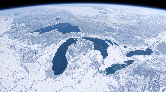 Pemandangan dari satelit saat musim dingin memperlihatkan kawasan Great Lakes yang tertutup salju putih dan lapisan es.
