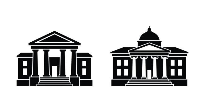 Black silhouettes of neoclassical buildings with columns and pediments on a white background