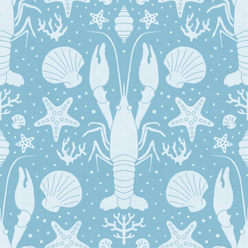 Blue Crawfish and Seashells Seamless Pattern