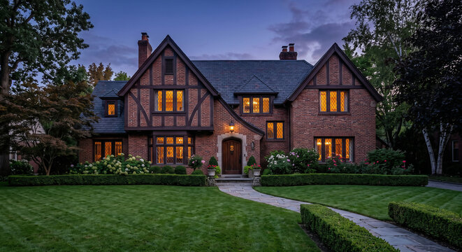 Tudor-revival brick home with steep gables at blue hour, warm window glow, traditional suburban architecture background with lawn negative space