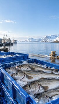Fresh fish packed in blue crates at coastal harbor, seafood supply concept for commercial fishing industry