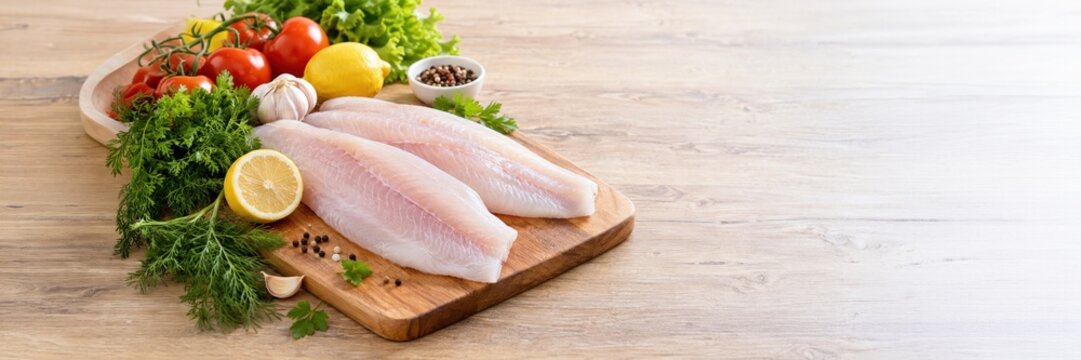 Fresh fish fillets with lemon and vegetables, healthy seafood concept, website banner with copy space