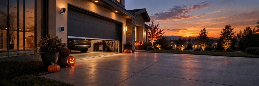 Modern house with garage at sunset and Halloween decor, smart home security concept with copy space