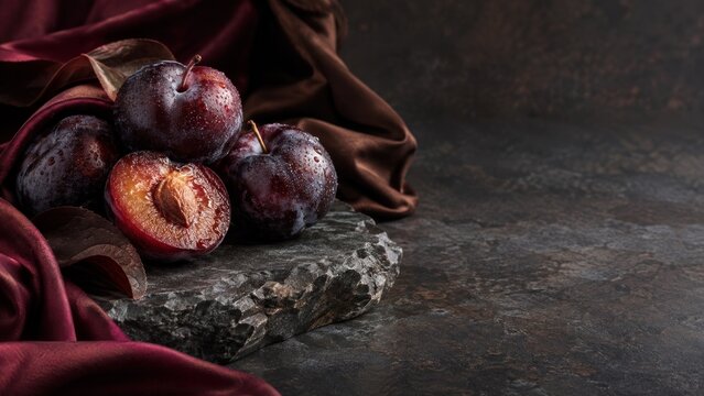 Ripe plums whole and cut on dark stone, luxury autumn fruit still life with copy space