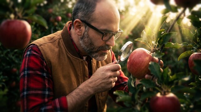 Male farmer in orchard showcasing magnifying glass inspection, fresh ripe apples and sunny harvest season, representing agricultural quality control and organic farming practices