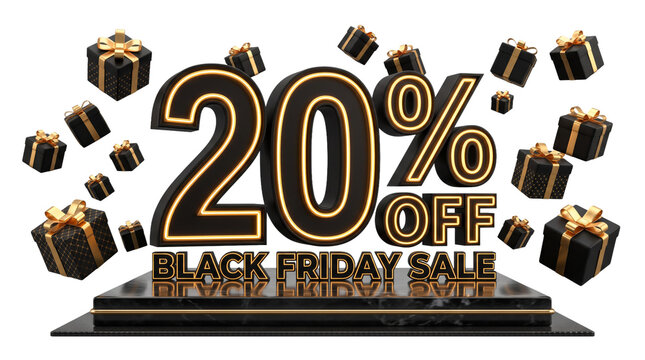Black Friday Sale 20 percent off 3D banner, luxury gold and black discount promotion, festive shopping offer with floating gift boxes isolated PNG with Transparent Background