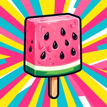 A vibrant pop art poster of a watermelon-flavored ice cream slice. 