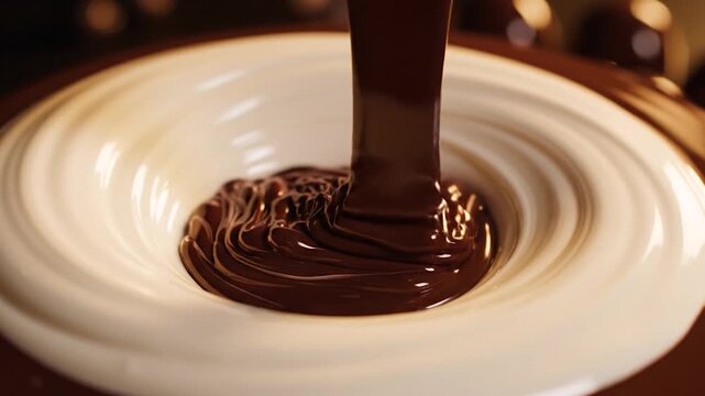 Melted chocolate pouring into creamy white swirl.