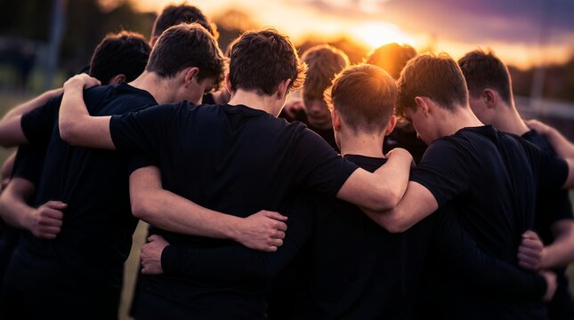 Young athletic team members showcasing close huddle formation, arms around shoulders and golden sunset light, symbolizing sports unity and collaborative strength