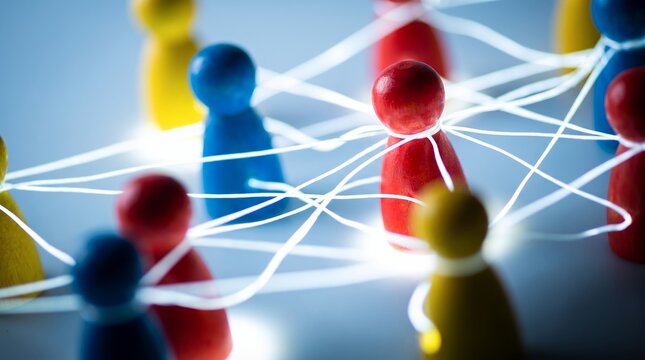 Wooden figure pawns linked by glowing lines showcasing team connection, organizational hierarchy and digital communication, representing business networking and corporate collaboration
